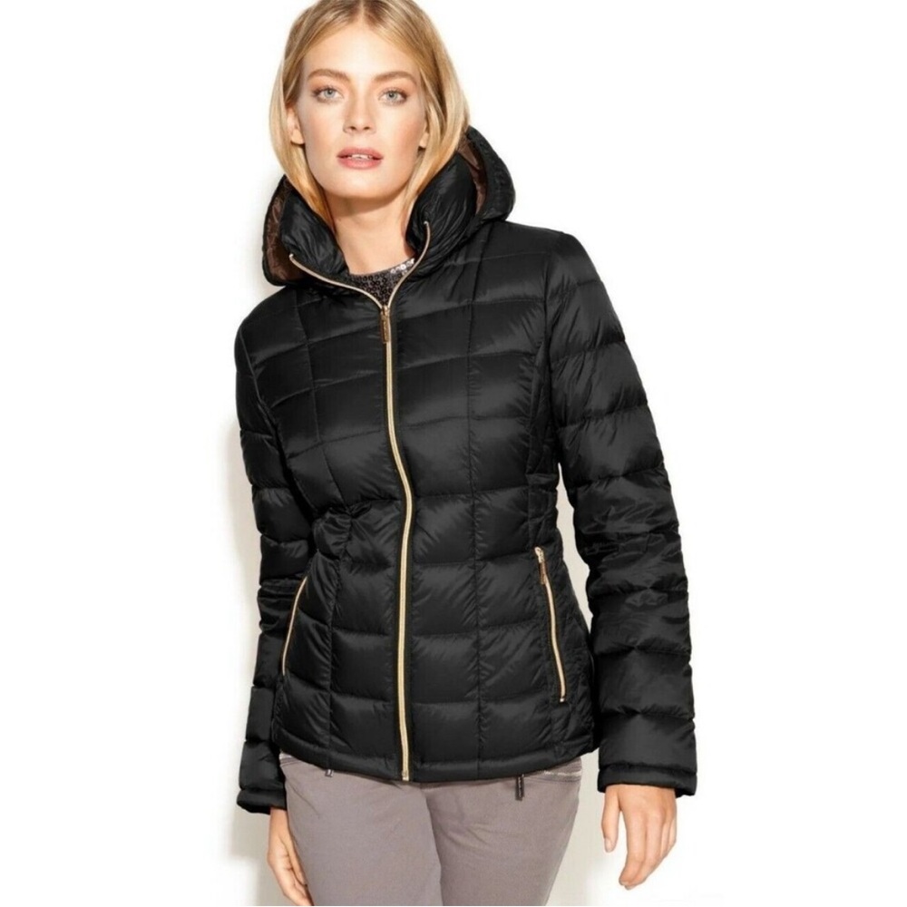 MICHAEL KORS Quilted Packable BLACK Hooded Down Puffer Jacket Sz Small